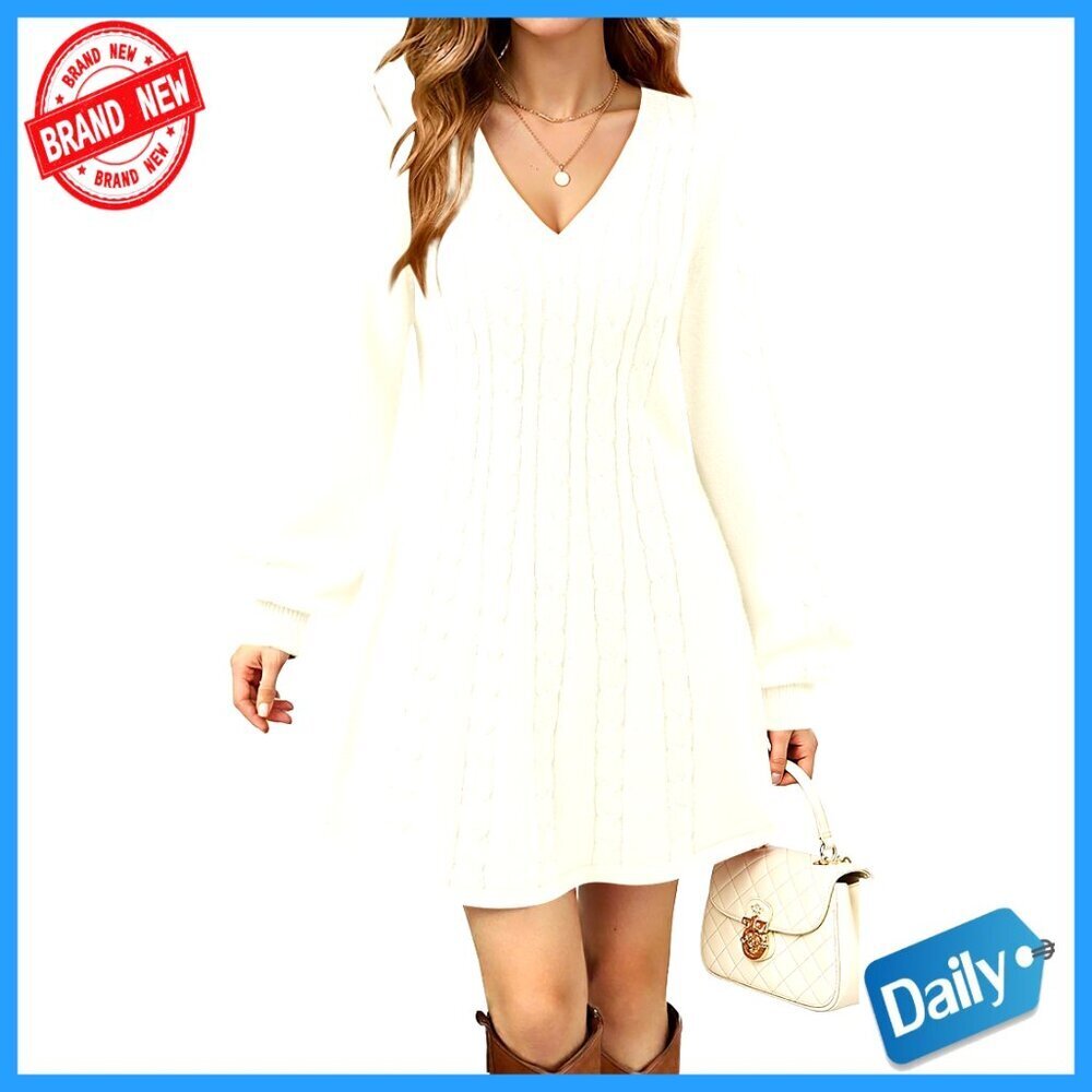 V Neck Cable Knit Sweater Dress Elegant Babydoll Lantern Sleeves Mini
